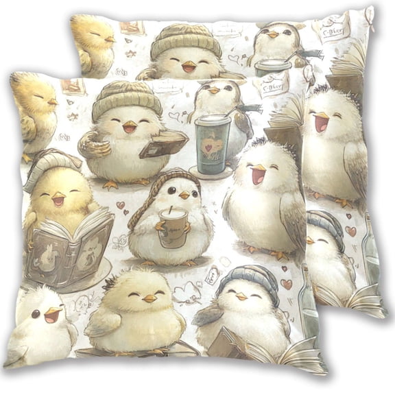 Cute Little Birds Throw Pillow Covers 16x16 Inch 2 Packs Decorative Square for Living Room Couch Bed Sofa
