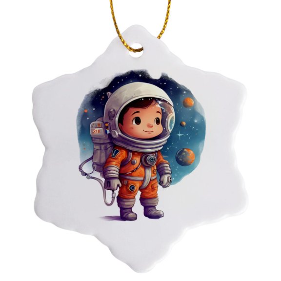 3drose, Cute Little Boy Astronaut Illustration, 3 inch Snowflake Porcelain Ornament