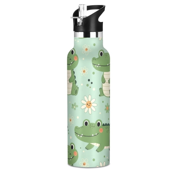 Cute Little Cartoon Crocodile Sport Water Bottle for Kids Insulated with Straw for School Outdoor Daily Use