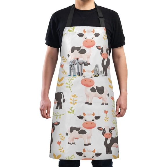 Cute Little Cow Kitchen Apron with 2 Pockets Adjustable waterproof Cooking Aprons for Women Men Chef