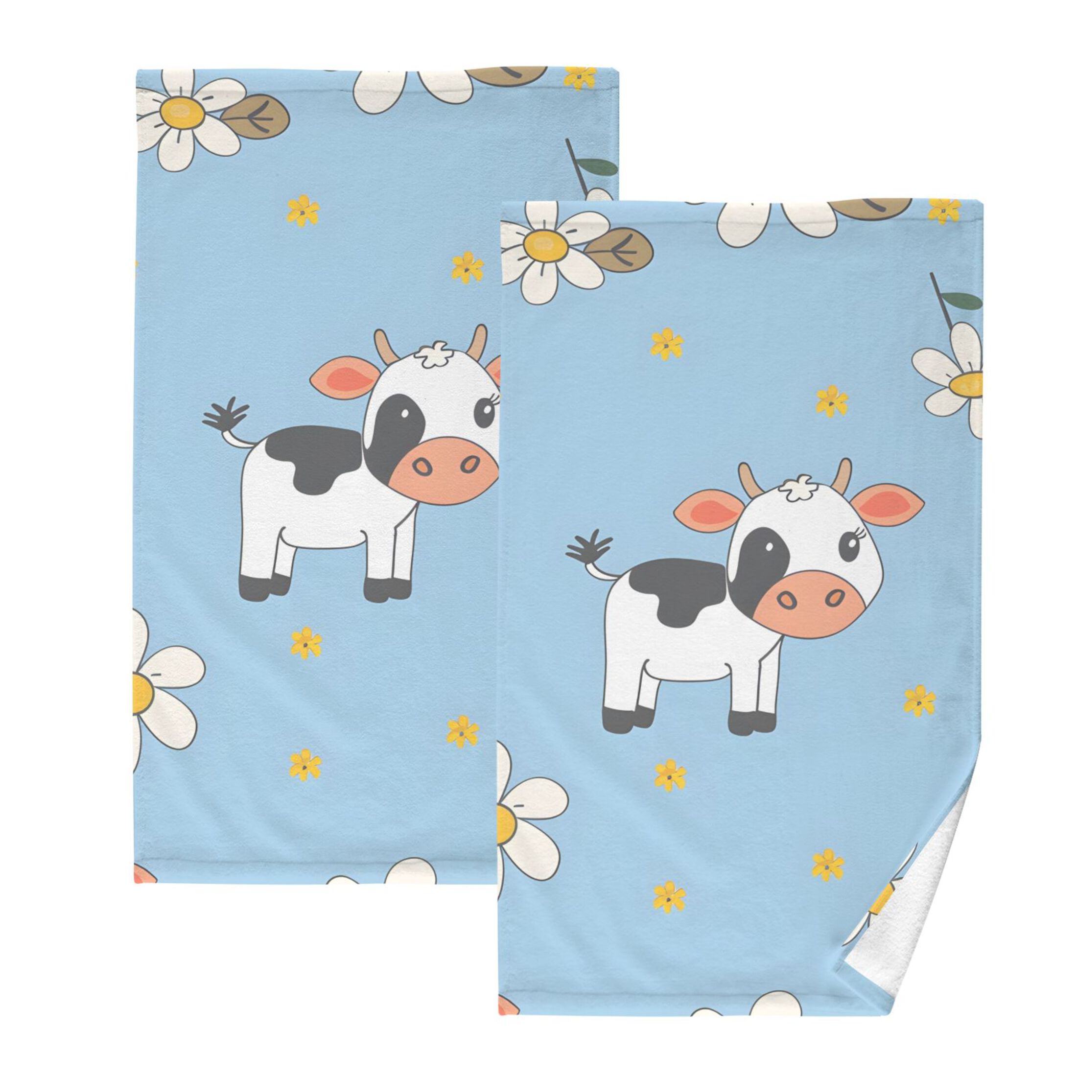 Cute Little Cow and Daisy Hand Towel Set 2 Pcs Cotton Absorbent Soft