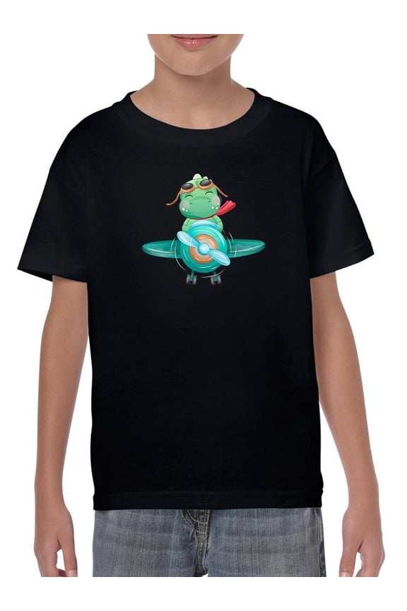Cute Little Dinosaur On Airplane T-Shirt Juniors -Image by Shutterstock,  Large