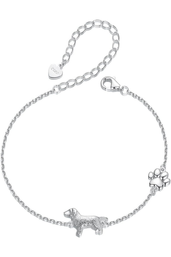 Cute Little Dog Sterling Silver Bracelet for Women Puppy Paw Print Golden Retriever Link Chain Bracelets Adjustable Hand Jewelry for Pet Lover