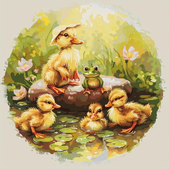 Cute Little Ducklings and Frog DIY 11CT Stamped Cross Stitch Kits for Beginners Easy Needlepoint Embroidery Counted Cross Stitch Art Craft for Wall Decoration 20x20inch(2)