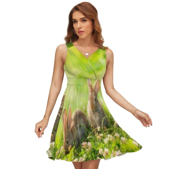 Cute Little Easter Bunnies on Green Grass Dress Summer Street Style Dresses Female Sleeveless Printed Sundress