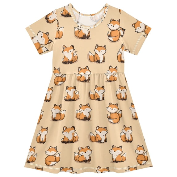 Cute Little Fox Short Sleeve Dress A-Line Cute Midi Casual Sundress 2-8 Years