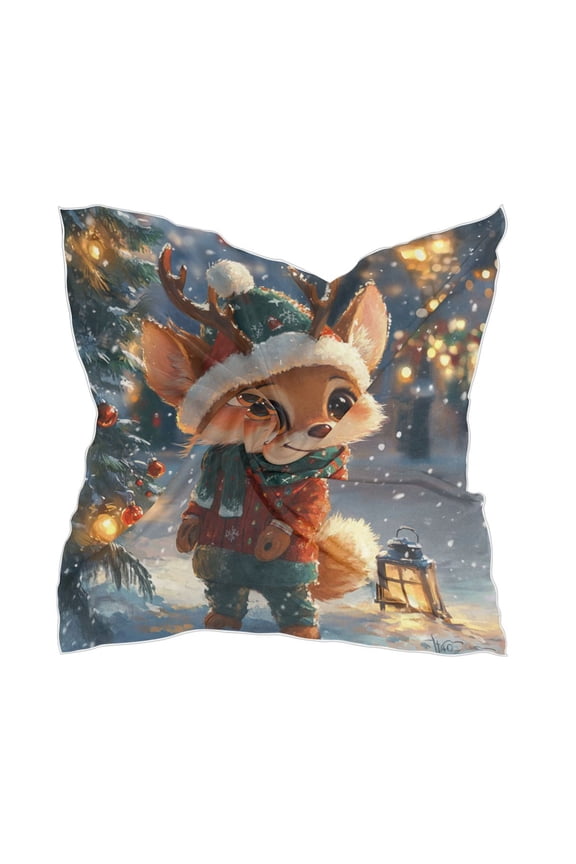 Cute Little Fox Wearing A Christmas Hat Square Silk Scarf, 23.6223.62in Polyester Simulated Silk Satin Scarf Tops for Women Head Wraps Shirt Bandana Curly Hair Tie Headband Headscarf