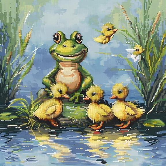 Cute Little Frog and Yellow Ducklings DIY 11CT Stamped Cross Stitch Kits for Beginners Easy Needlepoint Embroidery Counted Cross Stitch Art Craft for Wall Decoration 14x14inch(1)