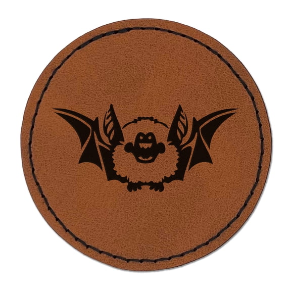 Cute Little Fuzzy Bat 2.5" Faux Leather Round Engraved Iron-On Patch - Brown