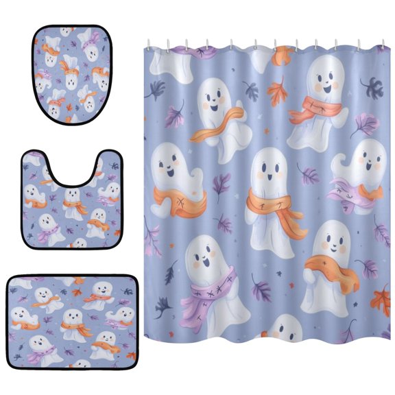 Cute Little Ghost Pattern Bathroom Accessory Curtain Sets Bath Curtain Anti-Slip Mats and Toilet Pad 66x72in