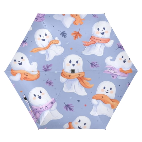 Cute Little Ghost Pattern Folding Umbrella UV50+ Waterproof Sun Protection Auto Open Close Compact Fiberglass Frame