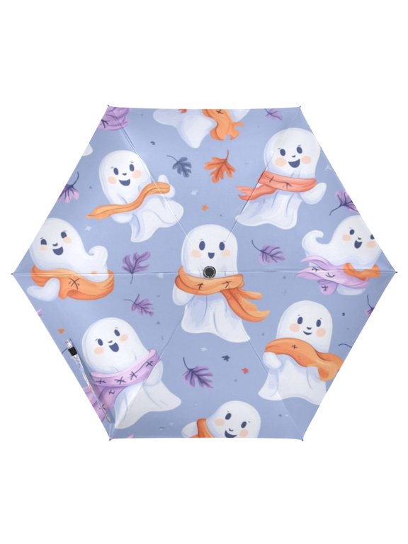 Cute Little Ghost Pattern Folding Umbrella UV50+ Waterproof Sun Protection Auto Open Close Compact Fiberglass Frame