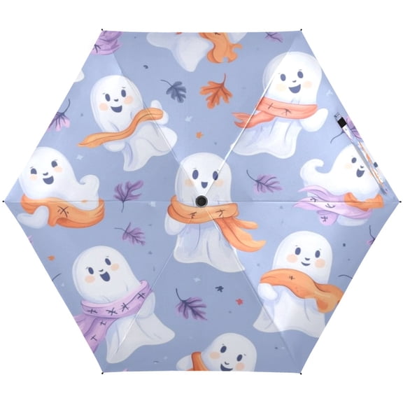Cute Little Ghost Pattern Umbrellas for Sun Auto Open Close UV50+ Waterproof 5-Fold Compact Fiberglass Frame