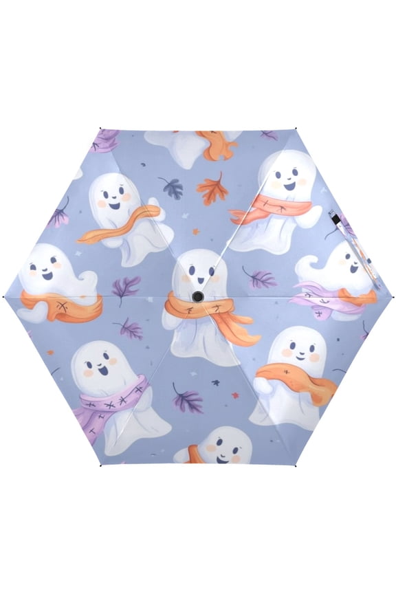 Cute Little Ghost Pattern Umbrellas for Sun Auto Open Close UV50+ Waterproof 5-Fold Compact Fiberglass Frame