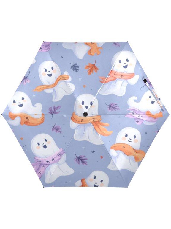 Cute Little Ghost Pattern Umbrellas for Sun Auto Open Close UV50+ Waterproof 5-Fold Compact Fiberglass Frame