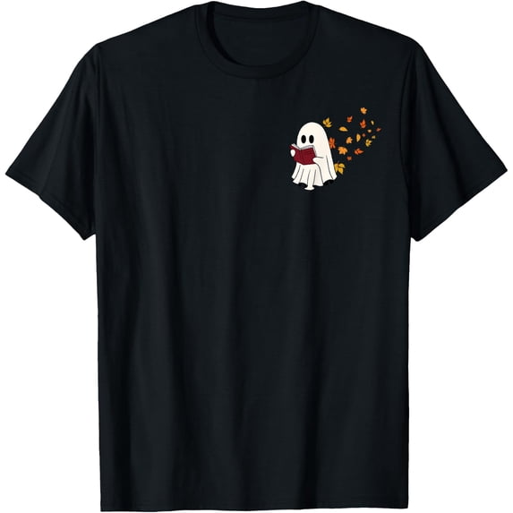 Cute Little Ghost Reading Book Under Fall Leaves Women Men T-Shirt BLACK Unisex S-5XL Hot Trending Shirt, Vintage Birthday Gift