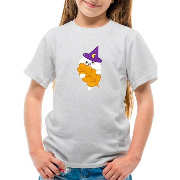 Cute Little Ghost W Autumn Leaf T-Shirt Juniors -Image by Shutterstock, Large