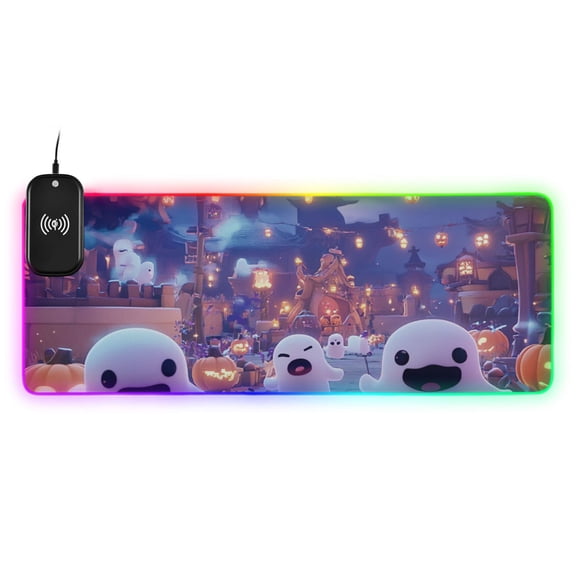 Cute Little Ghost Wireless Charging RGB Gaming Mouse Pad Large Keyboard Mat Rubber Base 13 Light Modes