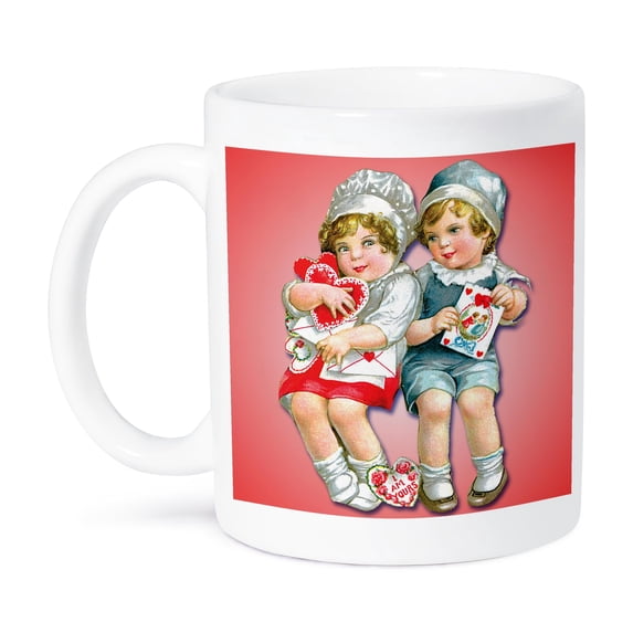3dRose, Cute Little Girl and Boy Exchanging Valentine Cards, 15oz Mug