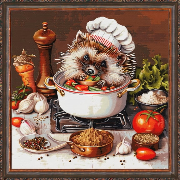 Cute Little Hedgehog in Chefs DIY 11CT Stamped Cross Stitch Kits for Beginners Easy Needlepoint Embroidery Counted Cross Stitch Art Craft for Wall Decoration 14x14inch(5)