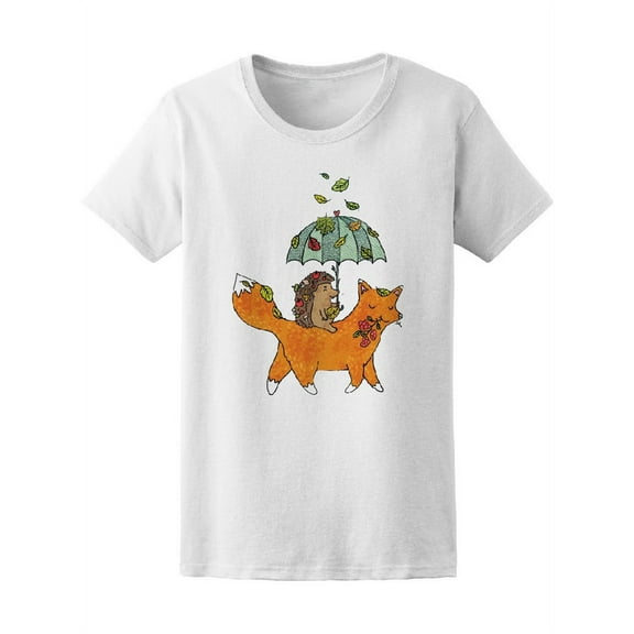 Cute Little Hedgehog & Fox Fall T-Shirt Women -Image by Shutterstock, Female Medium