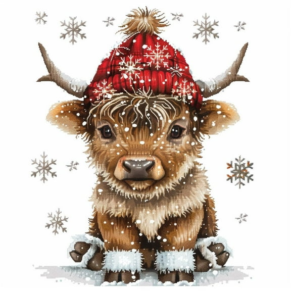 Cute Little Highland Cow with Christmas Hat DIY 11CT Stamped Cross Stitch Kits for Beginners Easy Needlepoint Embroidery Counted Cross Stitch Art Craft for Wall Decoration 14x14inch(1)