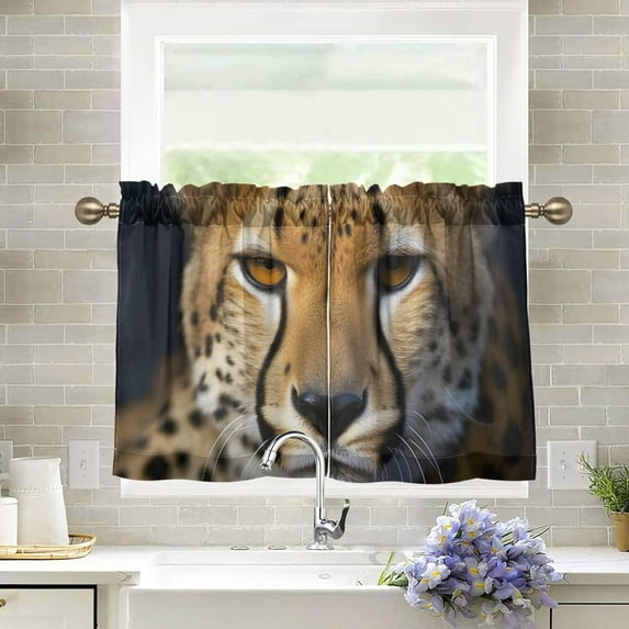 Cute Little Leopard Half Window Tier Curtains 36 Inch Blackout Thermal Insulating Kitchen Linen Tier Curtains for Kitchen, Bathroom, Cafe Home Decor
