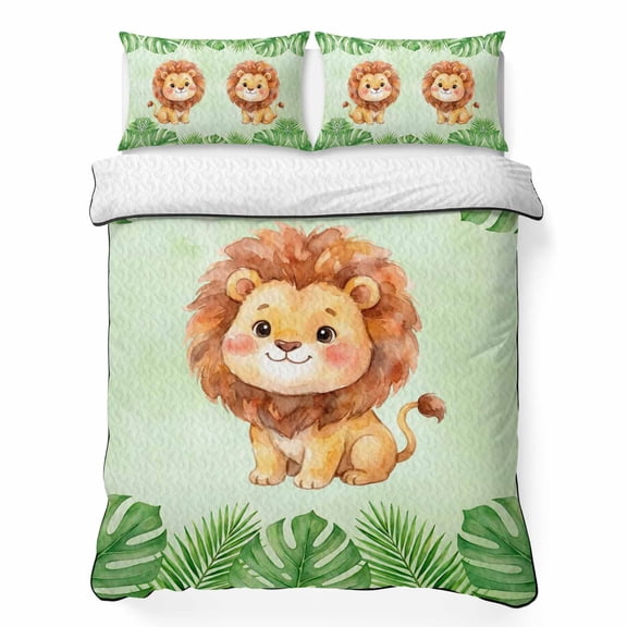 Cute Little Lions 3 Piece Quilt Bedding Set with 2 Pillow Shams, Green Leaf Tropical Plants Summer Animal Lightweight Bedspread Coverlet, Soft Breathable All Season Quilt, 68 x 86 Inch