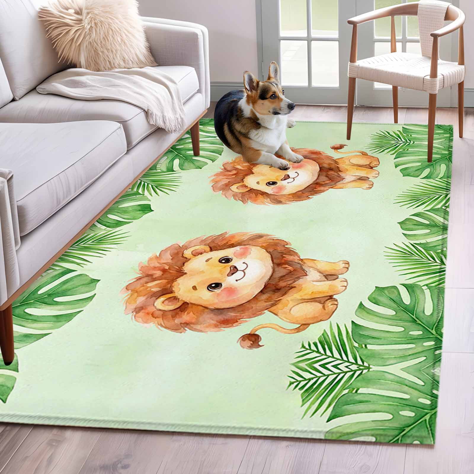 Cute Little Lions Area Rugs 4x6 ft Green Leaf Tropical Plants Summer ...