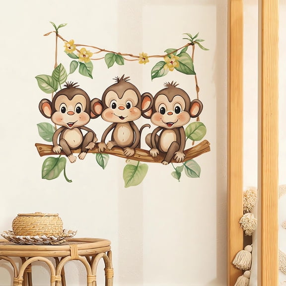 Cute Little Monkey Swinging Wall Stickers, Cartoon Animal Wall Decals Removable Vinyl Peel and Stick for Kids Baby Nursery Living Room Bedroom Children's Room Playroom Art Decorations