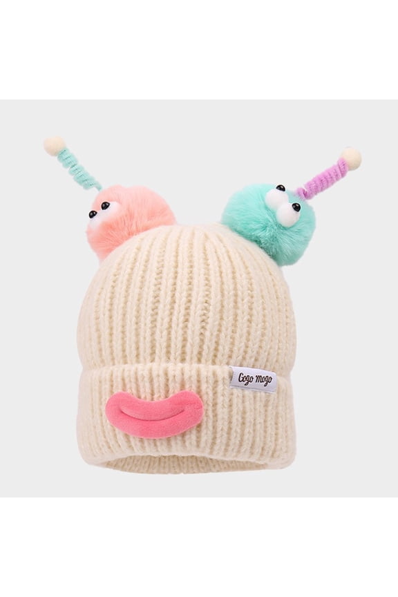 Cute Little Monster Led Knitted Hat, Fun Winter Knitted Hat, Warm Ear-Protecting Hat, Cartoon Sausage Mouth Hat, 8.66*7.87 Inches, Beige.