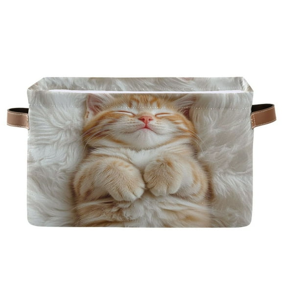 Cute Little Orange Cat Foldable Storage Basket,Canvas Fabric Foldable Storage Bins with Handles Open Home Storage Bins Boxes for Toy Book Shelf Closet Baskets