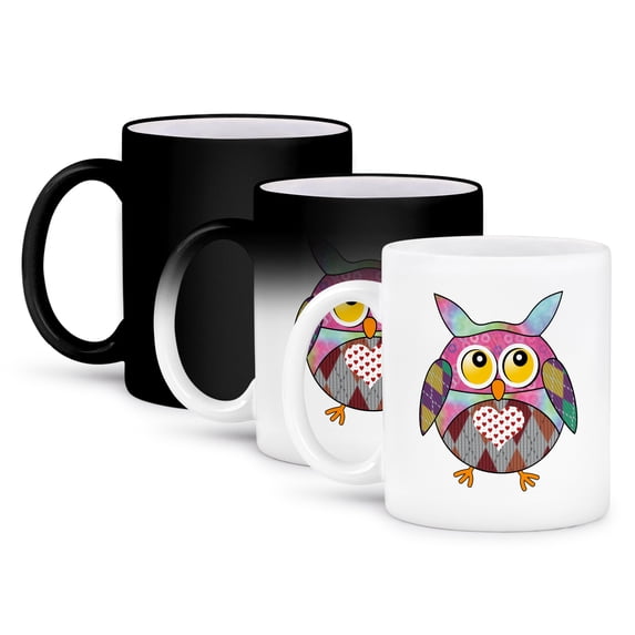 3dRose, Cute Little Owl with Heart on Chest, 11oz Magic Transforming Mug