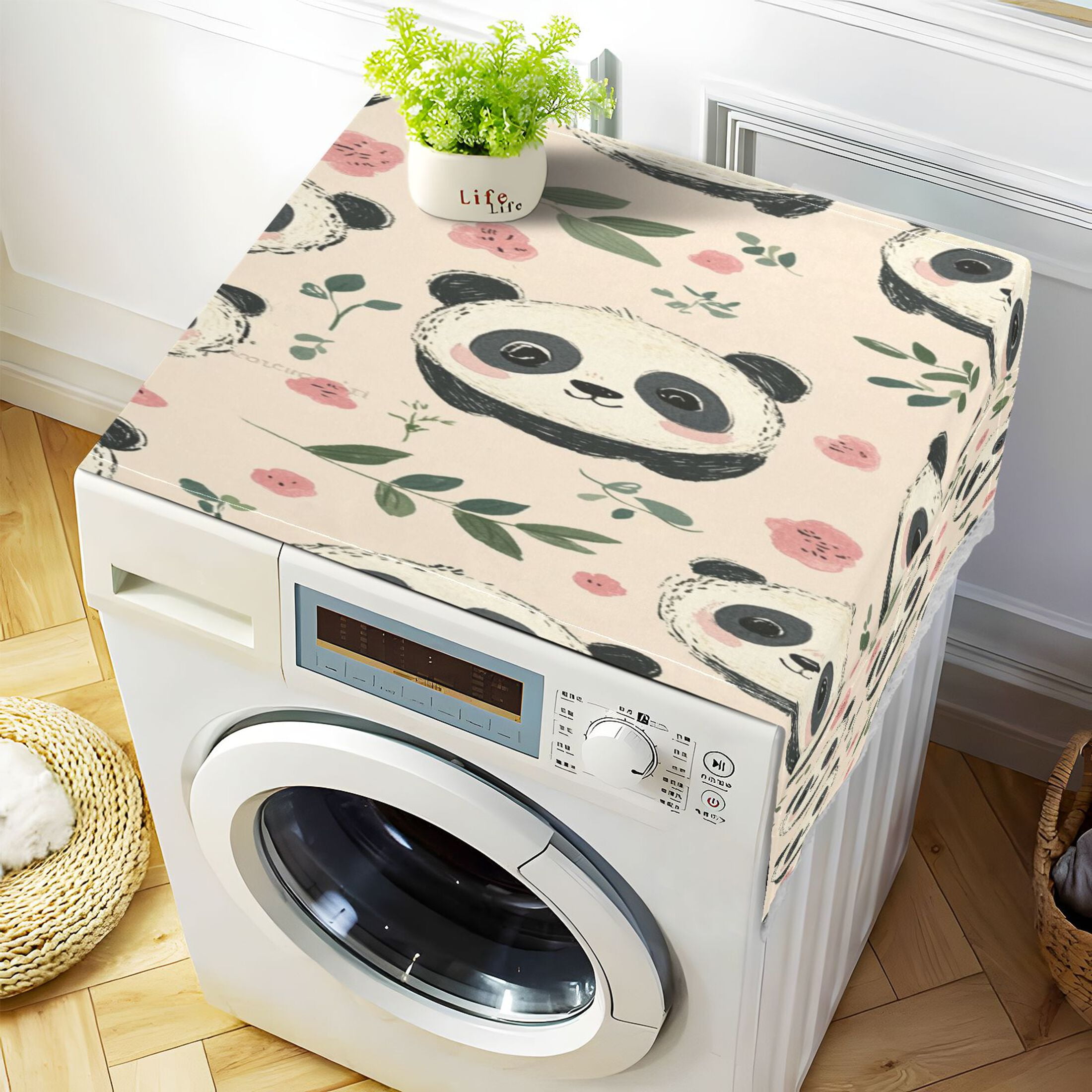 Cute Little PandaWasher and Dryer Covers Dust-Proof and Oil Resistant Fridge Cover with 4 Storage Pockets Washing Machine Top Cover for Laundry Kitchen Home 51.2 x 22 In