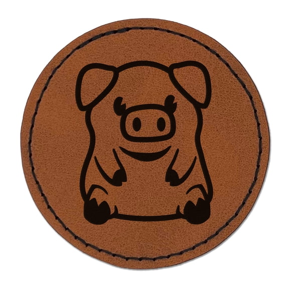 Cute Little Pig Sitting 2.5" Faux Leather Round Engraved Iron-On Patch - Brown