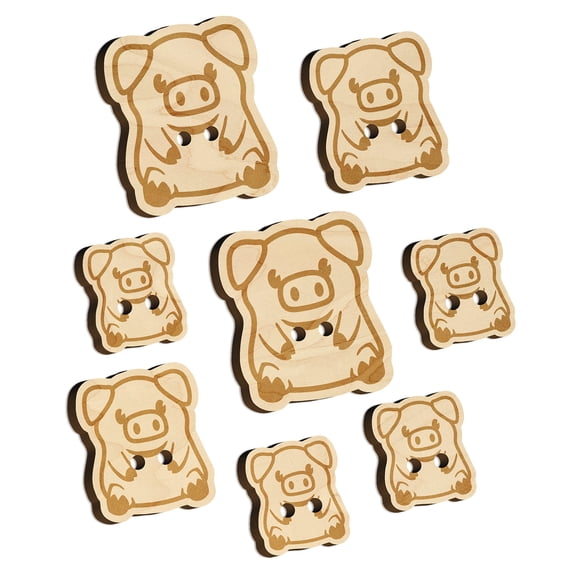 Cute Little Pig Sitting Wood Buttons for Crochet Knitting Sewing DIY Craft - 1.00 Inch Medium (7pcs)