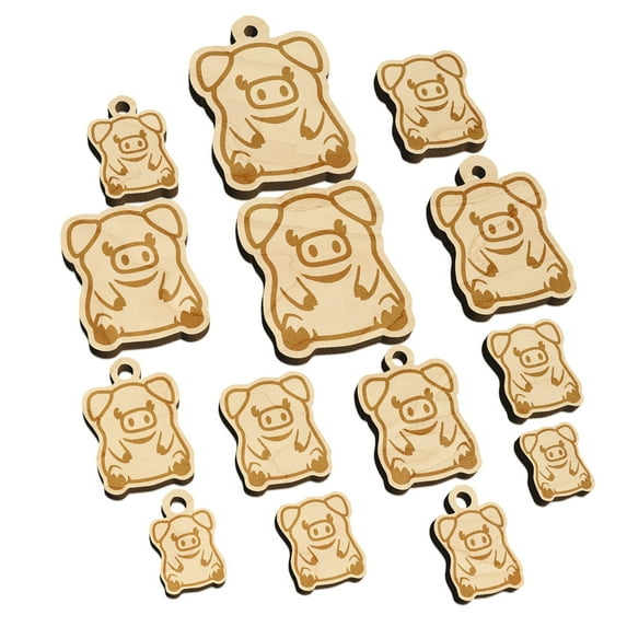 Cute Little Pig Sitting Wood Mini Charms Shapes DIY Craft Jewelry - With Hole - 14mm (26pcs)