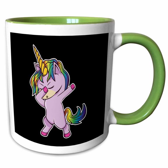 3drose, Cute Little Pink Dab Dabbing Unicorn on Black Background, 11oz Two-tone Green Mug