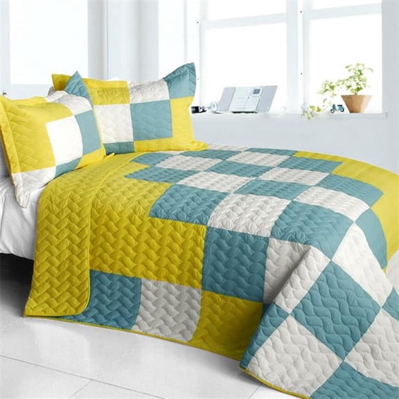 Cute Little Princess - 3 Pieces Vermicelli-Quilted Patchwork Quilt Set Full & Queen Size - Blue