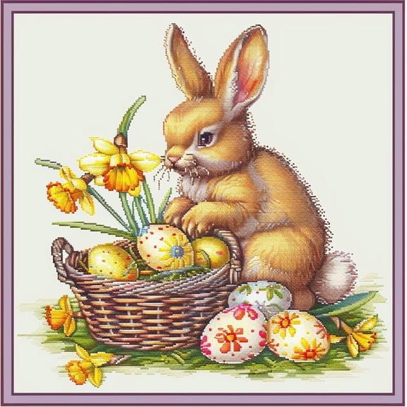 Cute Little Rabbit Daffodils in Easter Egg Basket DIY 11CT Stamped Cross Stitch Kits for Beginners Easy Needlepoint Embroidery Counted Cross Stitch Art Craft for Wall Decoration 16x16inch(3)