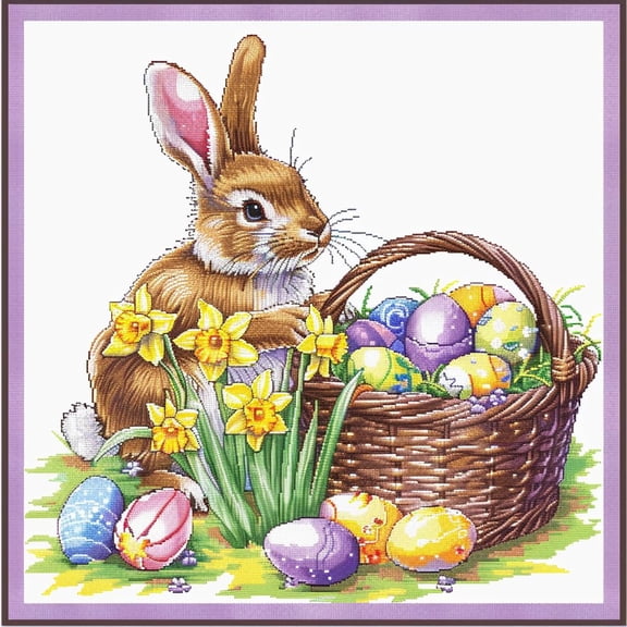 Cute Little Rabbit Daffodils in Easter Egg Basket DIY 11CT Stamped Cross Stitch Kits for Beginners Easy Needlepoint Embroidery Counted Cross Stitch Art Craft for Wall Decoration 14x14inch(4)