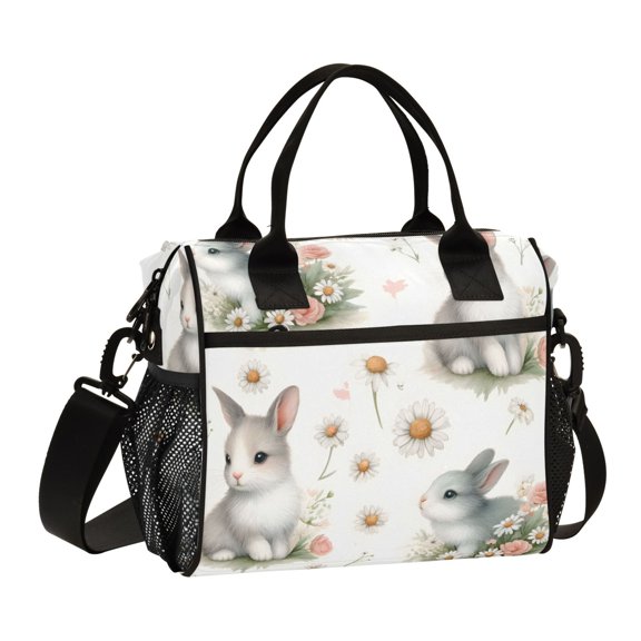 Cute Little Rabbit with Flower Lunch Bag Insulated Lunch Box Leakproof Reusable Cooler Tote Adjustable Shoulder Strap for Men Women 12L