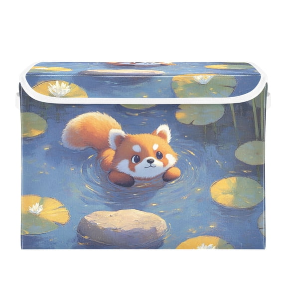 Cute Little Raccoon Swimming Large Storage Bins with Linen Collapsible Lid Storage Box 16.7 x 12.6 x 11.8in