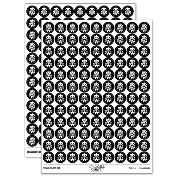 Cute Little Robot with a Heart 200+ Round Stickers - Black - Gloss Finish - 0.50" Size