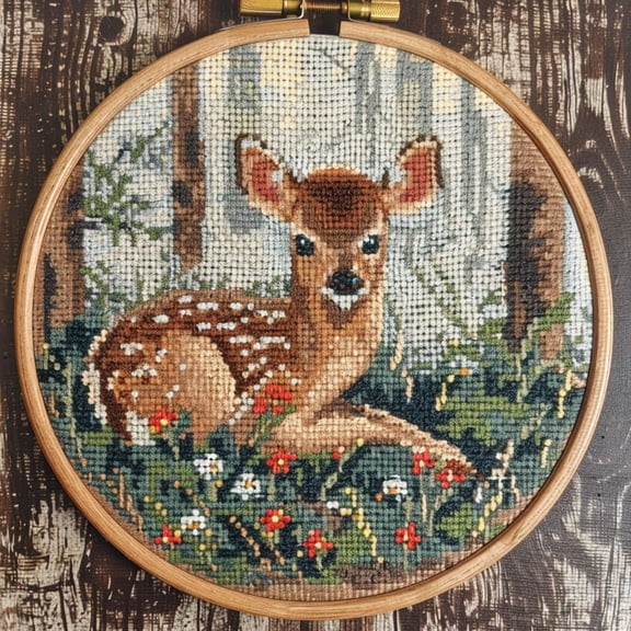 Cute Little Sika Deer in Forest DIY 11CT Stamped Cross Stitch Kits for Beginners Easy Needlepoint Embroidery Counted Cross Stitch Art Craft for Wall Decoration 20x20inch(3)