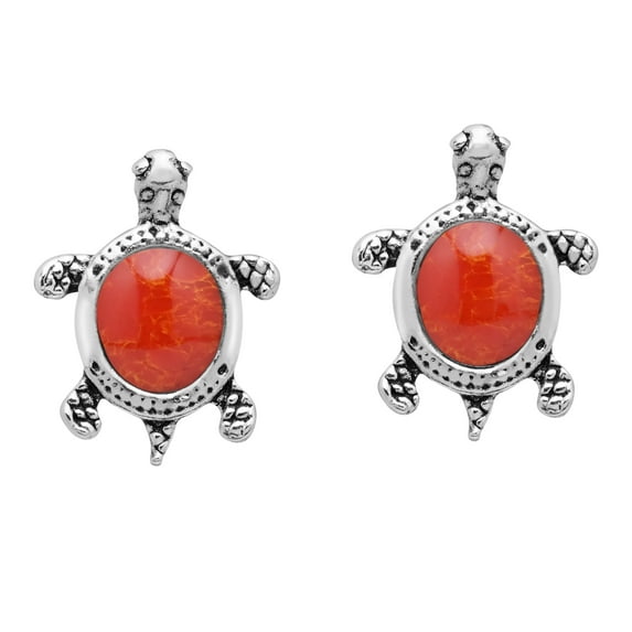 Cute Little Sterling Silver Turtle Synthetic Coral Stud Earrings