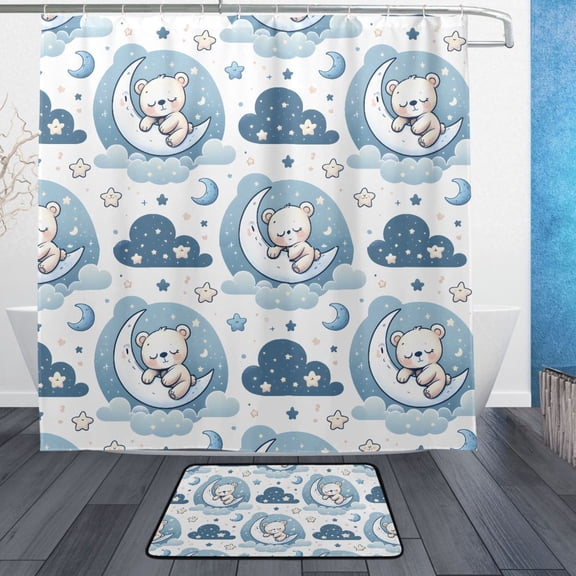 Cute Little Teddy Bear Bathroom Accessory Sets Waterproof Shower Curtain with Absorbent Non-Slip Rug