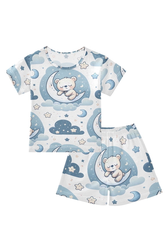 Cute Little Teddy Bear Summer Pajama Set Soft Cotton Short Sleeve Sleepwear 2PCS Pajama Sets Breathable Lounge Set Size 10Y