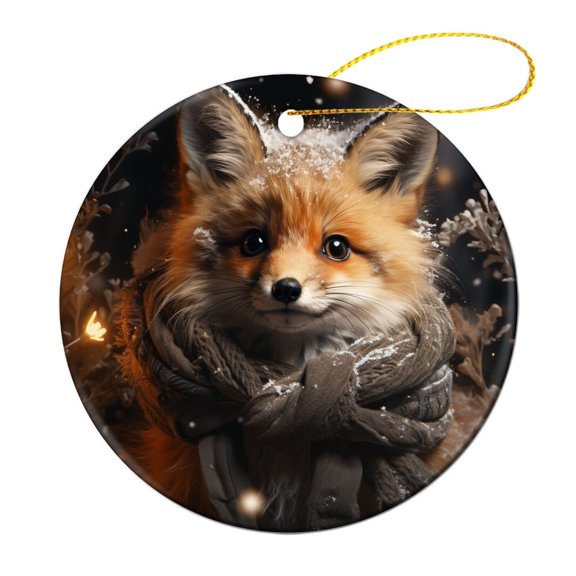 Cute Little Vintage Foxes in Winter Forest Christmas Ceramic Ornament Cartoon Fox Double-Sided Printed 3" Ceramic Christmas Ornament Christmas Home Office Tree Decorations Holiday Present