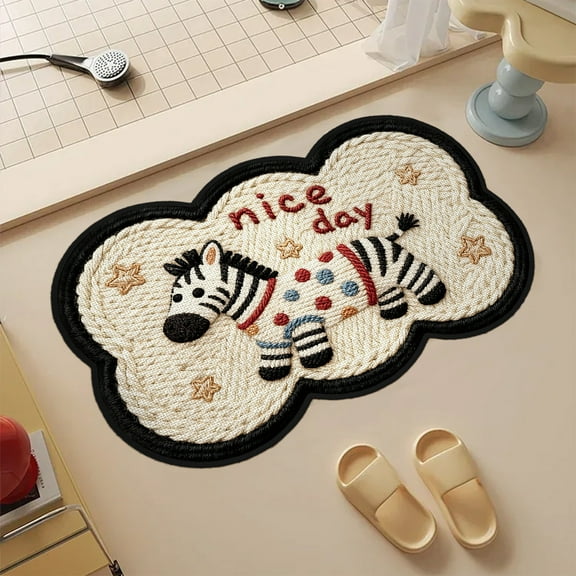 Cute Little Zebra Pattern Home Bathroom Rug Non-Slip Absorbent Quick-Dry Mat Linen-Like Woven Texture Toilet Shower Entrance Rug Christmas Doormat for All Seasons 16*24IN Black